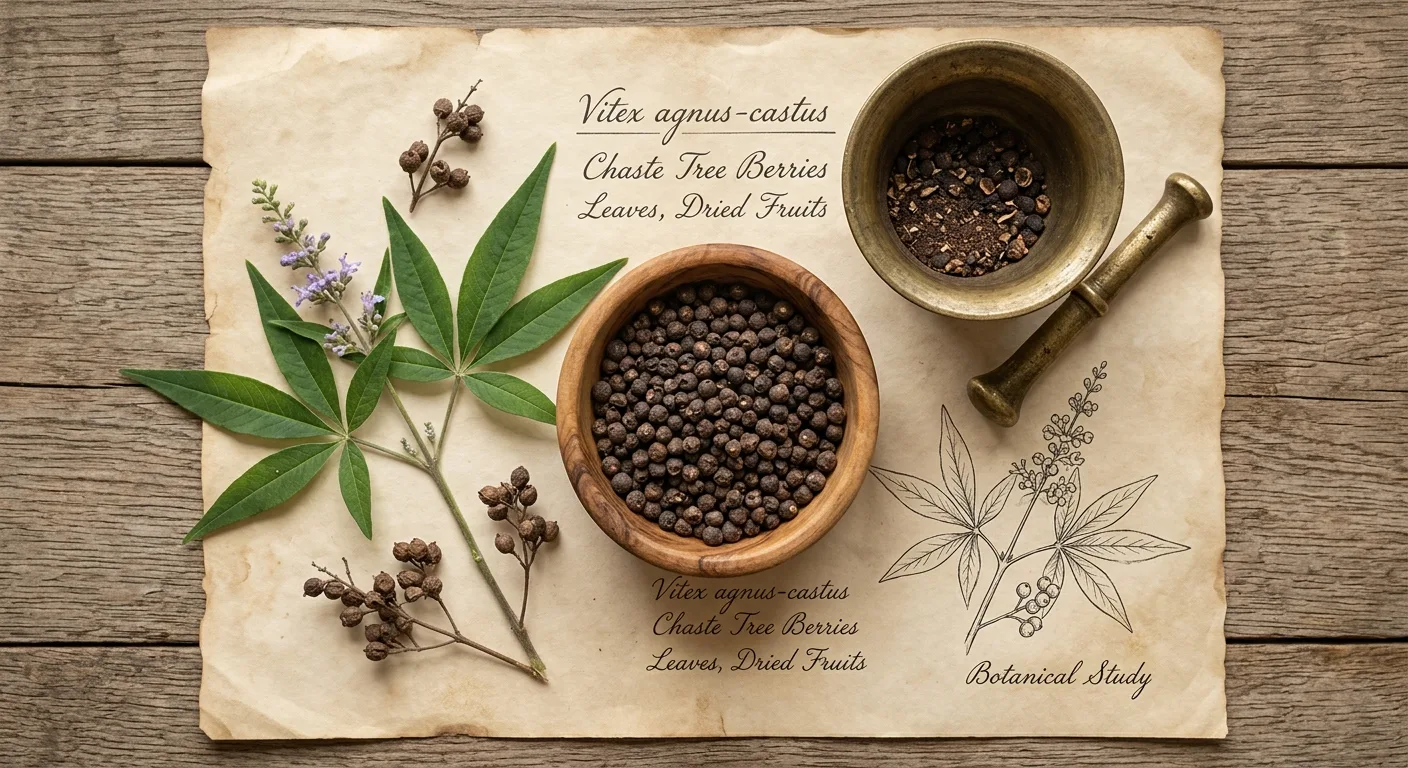 Vitex agnus-castus (chaste tree) — dried berries and flowering branch